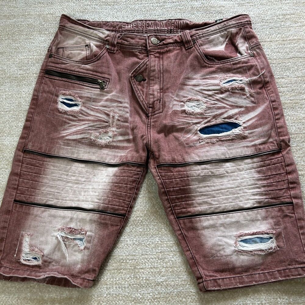 Elite Premium Denim Mens 40 Distressed Burgundy Moto‎ Biker Shorts